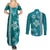 Teal Hibiscus Turle Couples Matching Summer Maxi Dress and Long Sleeve Button Shirt Hawaiian Style Tribal Tapa Pattern