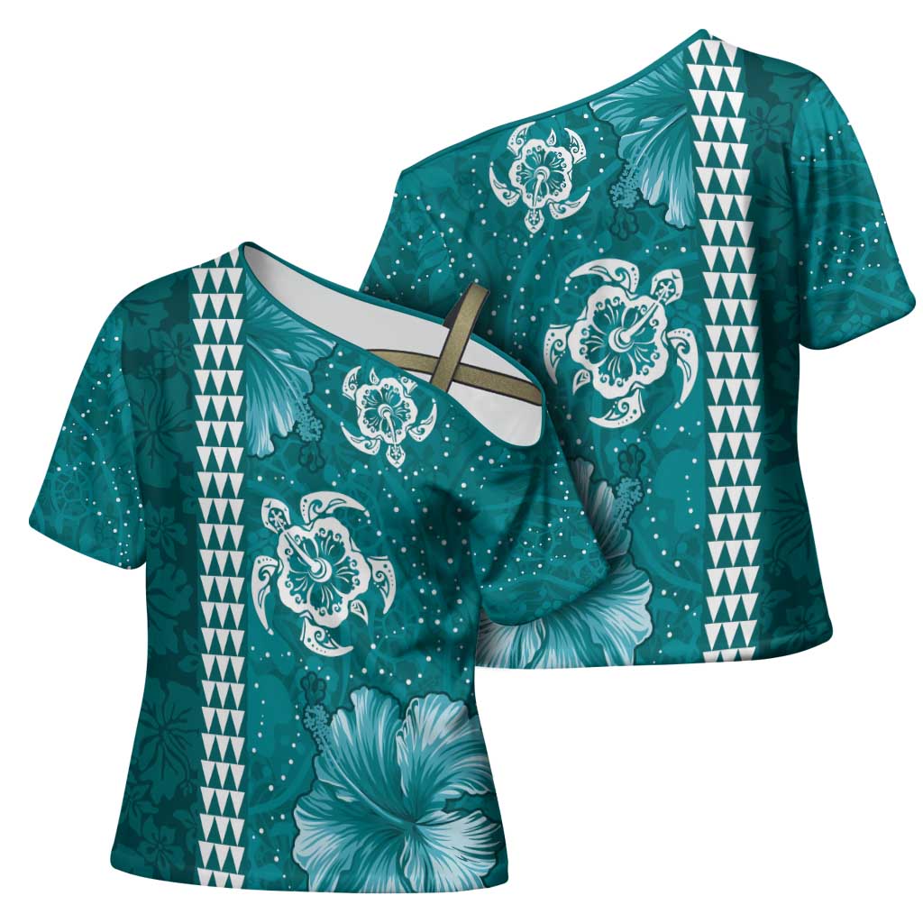 Teal Hibiscus Turle Cross Shoulder Shirt Hawaiian Style Tribal Tapa Pattern - Polynesian Pride