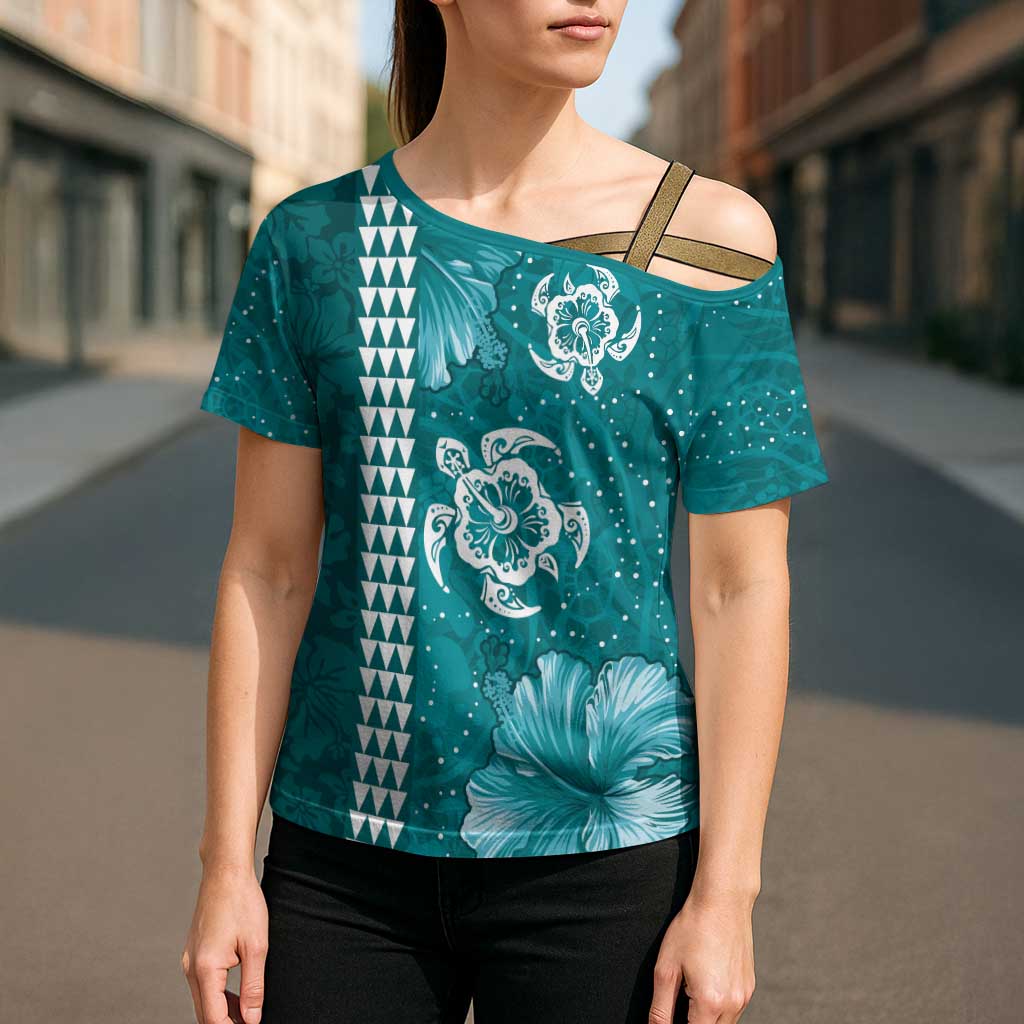 Teal Hibiscus Turle Cross Shoulder Shirt Hawaiian Style Tribal Tapa Pattern - Polynesian Pride