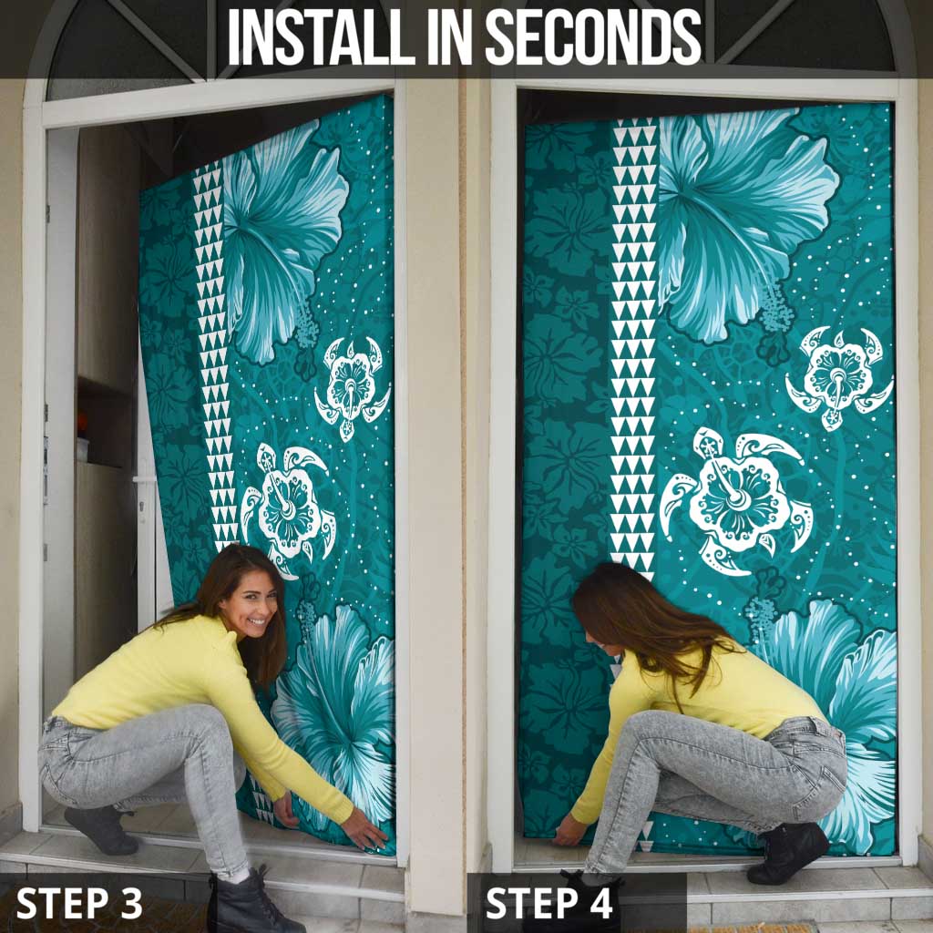 Teal Hibiscus Turle Door Cover Hawaiian Style Tribal Tapa Pattern - Polynesian Pride