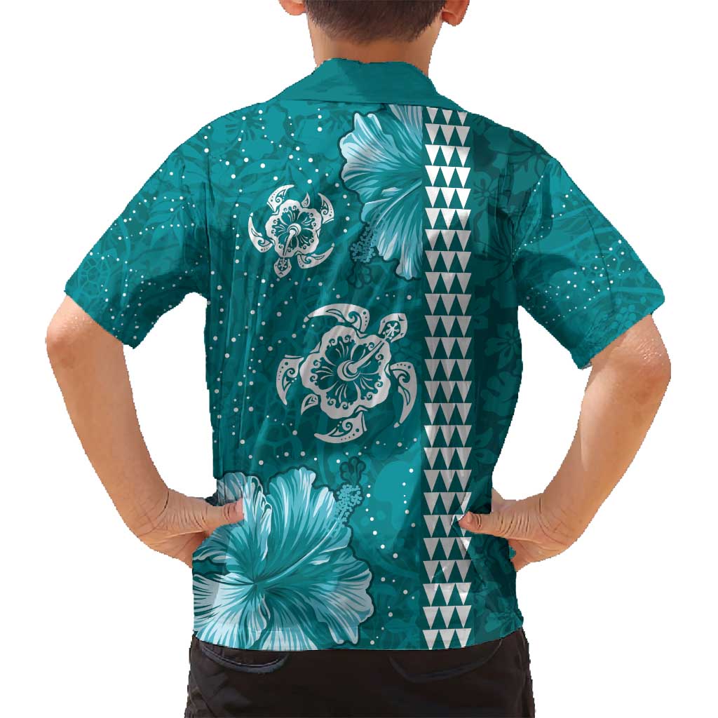 Teal Hibiscus Turle Family Matching Long Sleeve Bodycon Dress and Hawaiian Shirt Hawaiian Style Tribal Tapa Pattern LT9 - Polynesian Pride