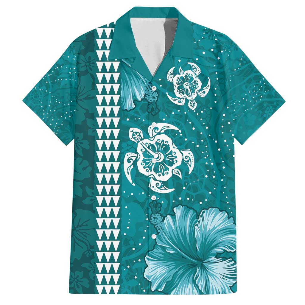 Teal Hibiscus Turle Family Matching Long Sleeve Bodycon Dress and Hawaiian Shirt Hawaiian Style Tribal Tapa Pattern LT9 Dad's Shirt - Short Sleeve Teal - Polynesian Pride