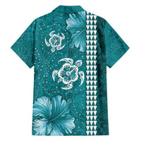 Teal Hibiscus Turle Family Matching Long Sleeve Bodycon Dress and Hawaiian Shirt Hawaiian Style Tribal Tapa Pattern LT9 - Polynesian Pride