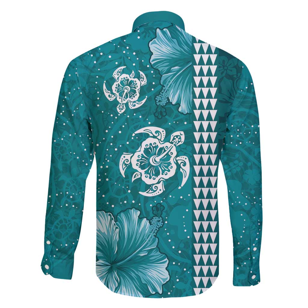 Teal Hibiscus Turle Family Matching Long Sleeve Bodycon Dress and Hawaiian Shirt Hawaiian Style Tribal Tapa Pattern LT9 - Polynesian Pride