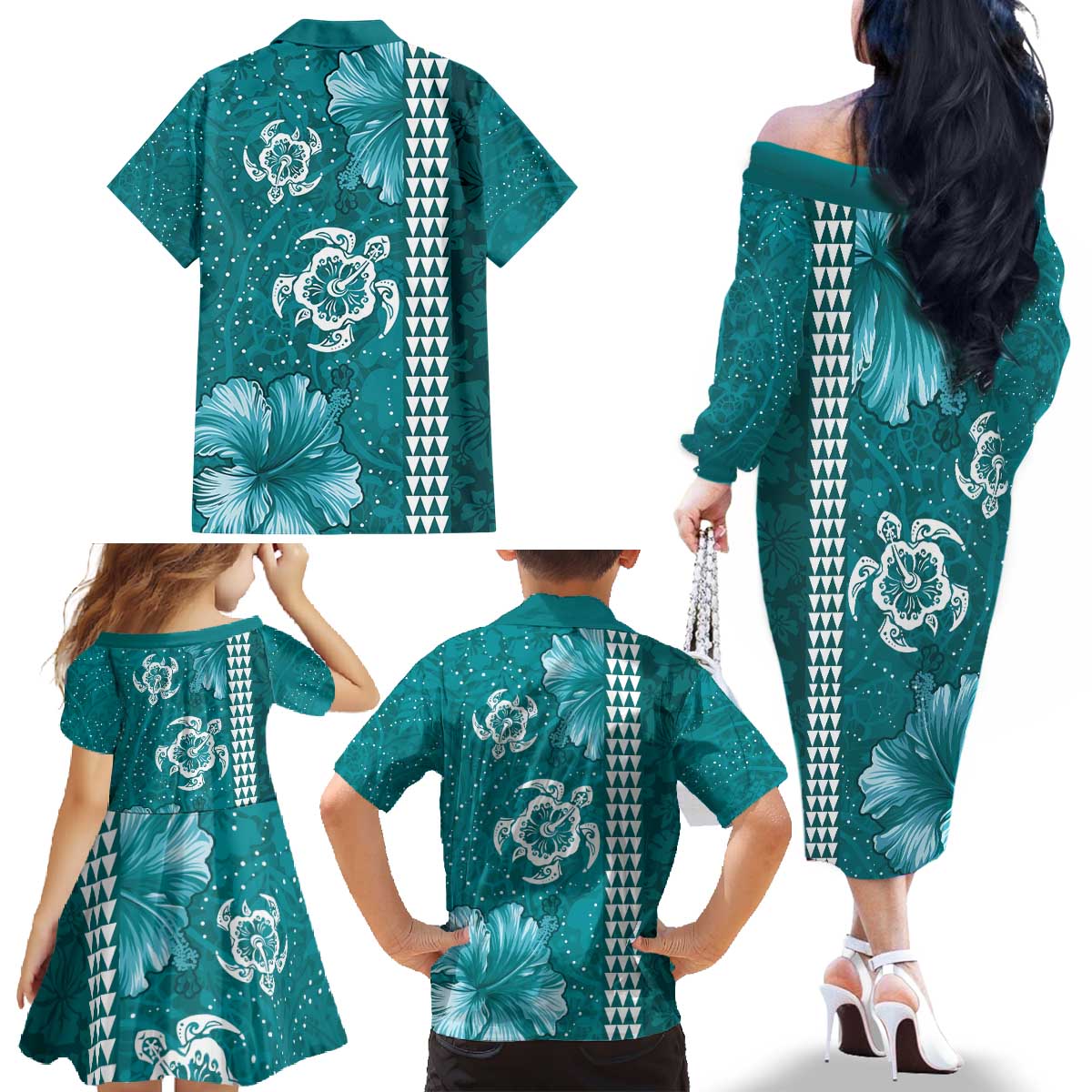 Teal Hibiscus Turle Family Matching Off The Shoulder Long Sleeve Dress and Hawaiian Shirt Hawaiian Style Tribal Tapa Pattern