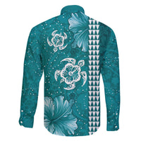 Teal Hibiscus Turle Family Matching Off The Shoulder Long Sleeve Dress and Hawaiian Shirt Hawaiian Style Tribal Tapa Pattern