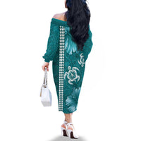 Teal Hibiscus Turle Family Matching Off The Shoulder Long Sleeve Dress and Hawaiian Shirt Hawaiian Style Tribal Tapa Pattern