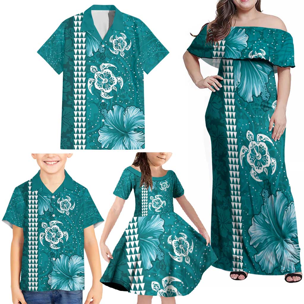 Teal Hibiscus Turle Family Matching Off Shoulder Maxi Dress and Hawaiian Shirt Hawaiian Style Tribal Tapa Pattern