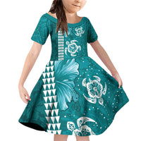 Teal Hibiscus Turle Family Matching Off Shoulder Short Dress and Hawaiian Shirt Hawaiian Style Tribal Tapa Pattern