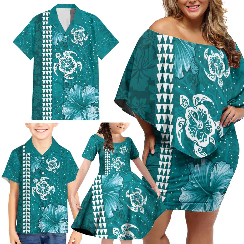 Teal Hibiscus Turle Family Matching Off Shoulder Short Dress and Hawaiian Shirt Hawaiian Style Tribal Tapa Pattern