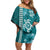 Teal Hibiscus Turle Family Matching Off Shoulder Short Dress and Hawaiian Shirt Hawaiian Style Tribal Tapa Pattern