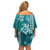 Teal Hibiscus Turle Family Matching Off Shoulder Short Dress and Hawaiian Shirt Hawaiian Style Tribal Tapa Pattern