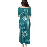 Teal Hibiscus Turle Family Matching Puletasi and Hawaiian Shirt Hawaiian Style Tribal Tapa Pattern