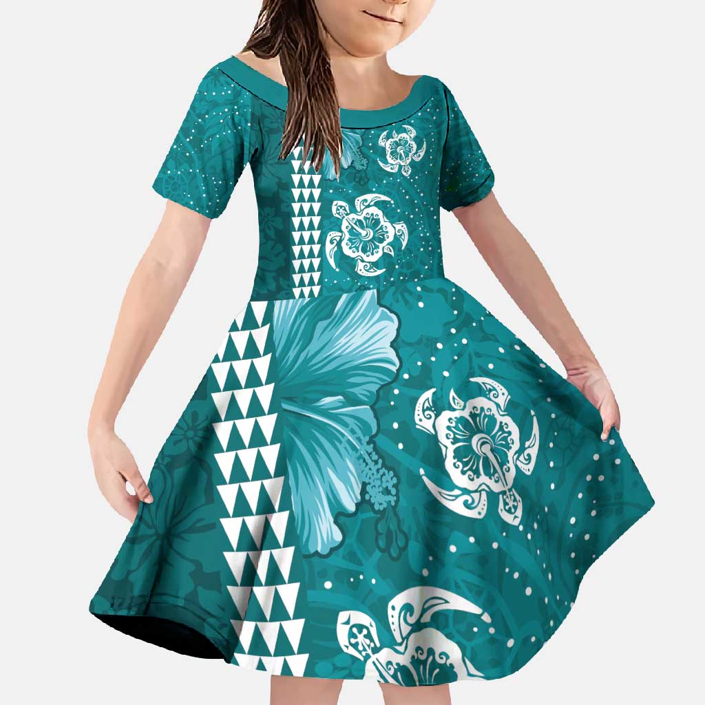 Teal Hibiscus Turle Family Matching Short Sleeve Bodycon Dress and Hawaiian Shirt Hawaiian Style Tribal Tapa Pattern