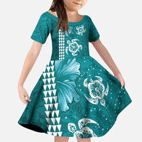 Teal Hibiscus Turle Family Matching Short Sleeve Bodycon Dress and Hawaiian Shirt Hawaiian Style Tribal Tapa Pattern