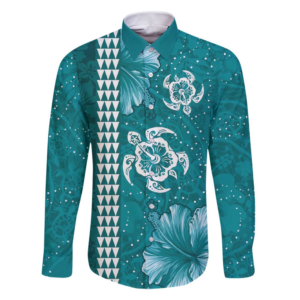 Teal Hibiscus Turle Family Matching Short Sleeve Bodycon Dress and Hawaiian Shirt Hawaiian Style Tribal Tapa Pattern