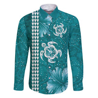 Teal Hibiscus Turle Family Matching Short Sleeve Bodycon Dress and Hawaiian Shirt Hawaiian Style Tribal Tapa Pattern