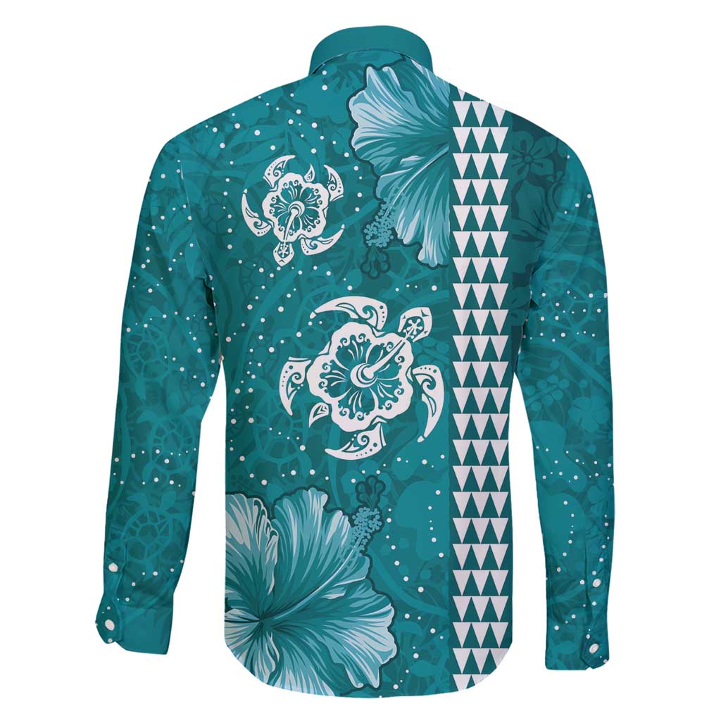 Teal Hibiscus Turle Family Matching Short Sleeve Bodycon Dress and Hawaiian Shirt Hawaiian Style Tribal Tapa Pattern