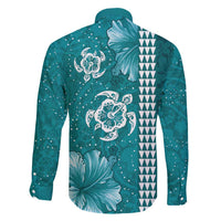 Teal Hibiscus Turle Family Matching Short Sleeve Bodycon Dress and Hawaiian Shirt Hawaiian Style Tribal Tapa Pattern