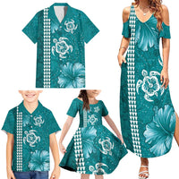 Teal Hibiscus Turle Family Matching Summer Maxi Dress and Hawaiian Shirt Hawaiian Style Tribal Tapa Pattern