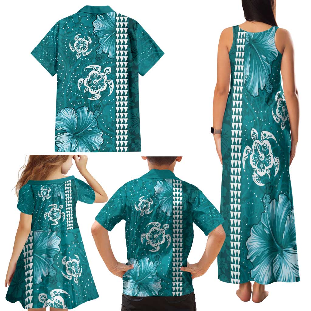 Teal Hibiscus Turle Family Matching Tank Maxi Dress and Hawaiian Shirt Hawaiian Style Tribal Tapa Pattern