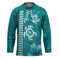 Teal Hibiscus Turle Hockey Jersey Hawaiian Style Tribal Tapa Pattern - Polynesian Pride