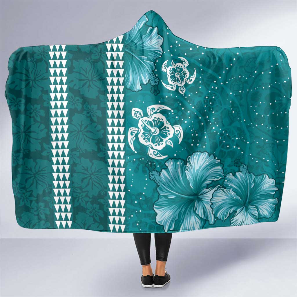 Teal Hibiscus Turle Hooded Blanket Hawaiian Style Tribal Tapa Pattern LT9 One Size Teal - Polynesian Pride