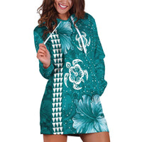 Teal Hibiscus Turle Hoodie Dress Hawaiian Style Tribal Tapa Pattern