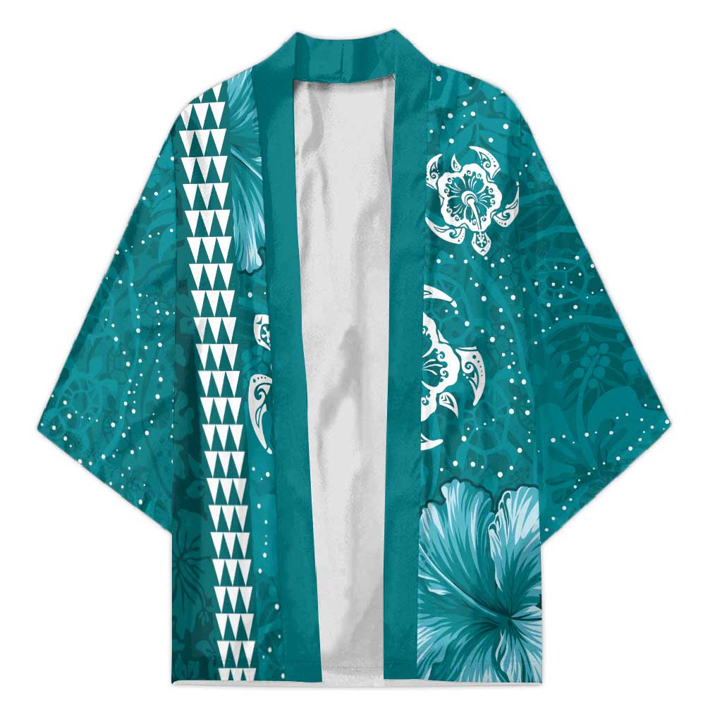 Teal Hibiscus Turle Kimono Hawaiian Style Tribal Tapa Pattern - Polynesian Pride