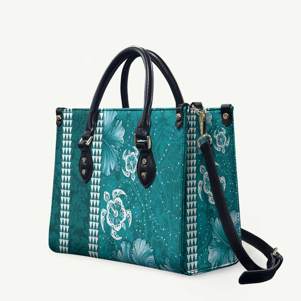 Teal Hibiscus Turle Leather Bag Hawaiian Style Tribal Tapa Pattern - Polynesian Pride