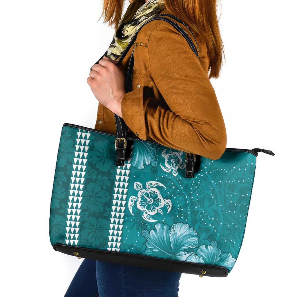 Teal Hibiscus Turle Leather Tote Bag Hawaiian Style Tribal Tapa Pattern LT9 Teal - Polynesian Pride