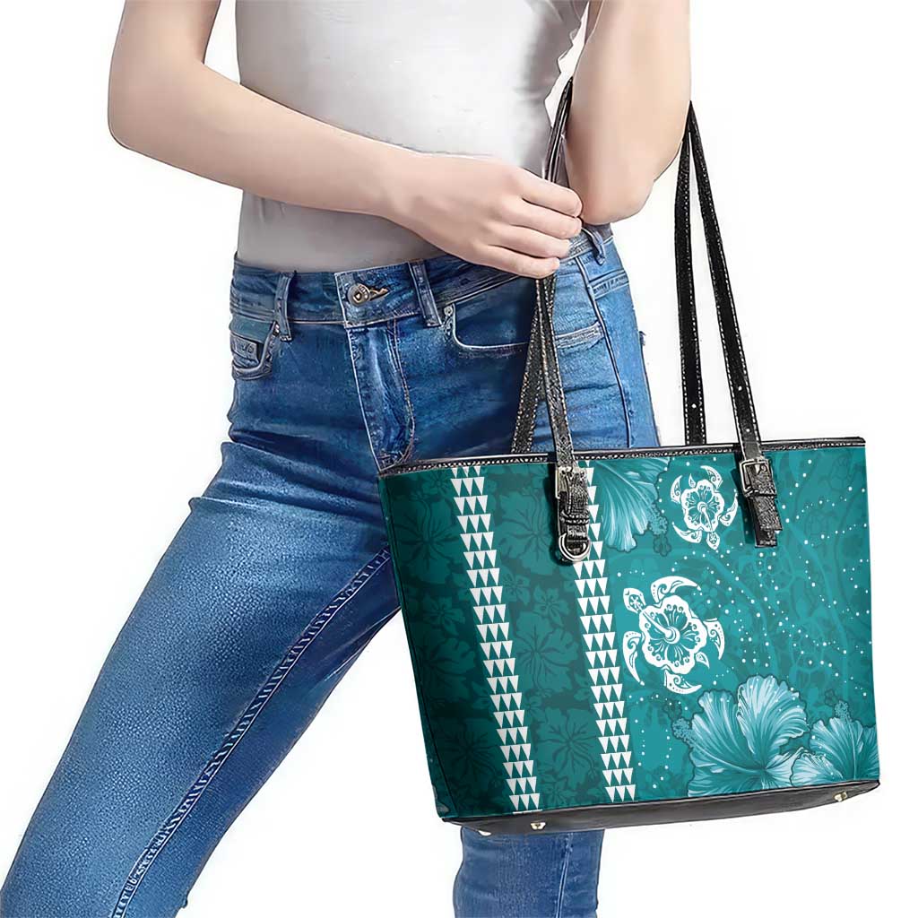 Teal Hibiscus Turle Leather Tote Bag Hawaiian Style Tribal Tapa Pattern