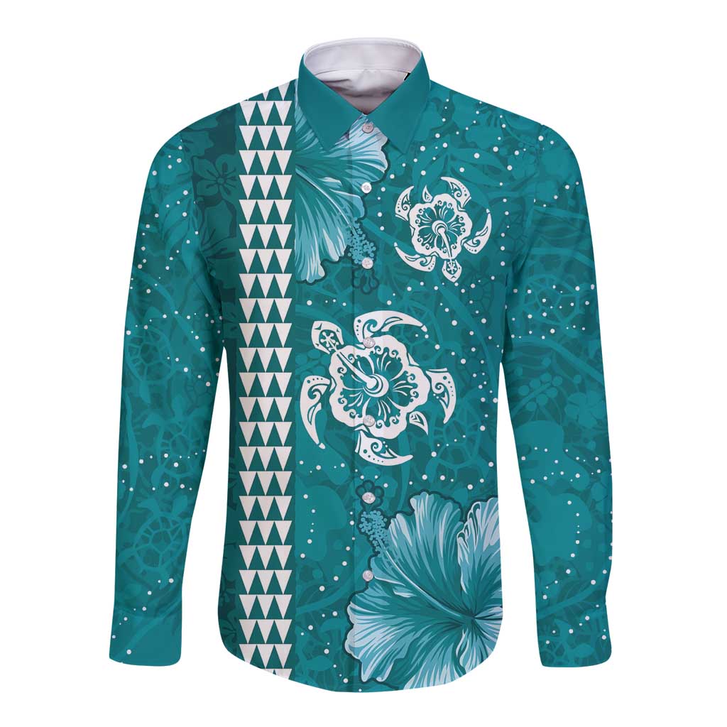 Teal Hibiscus Turle Long Sleeve Button Shirt Hawaiian Style Tribal Tapa Pattern