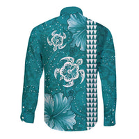 Teal Hibiscus Turle Long Sleeve Button Shirt Hawaiian Style Tribal Tapa Pattern
