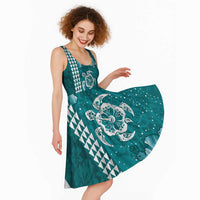 Teal Hibiscus Turle Midi Dress Hawaiian Style Tribal Tapa Pattern - Polynesian Pride
