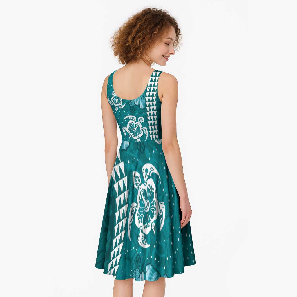 Teal Hibiscus Turle Midi Dress Hawaiian Style Tribal Tapa Pattern - Polynesian Pride