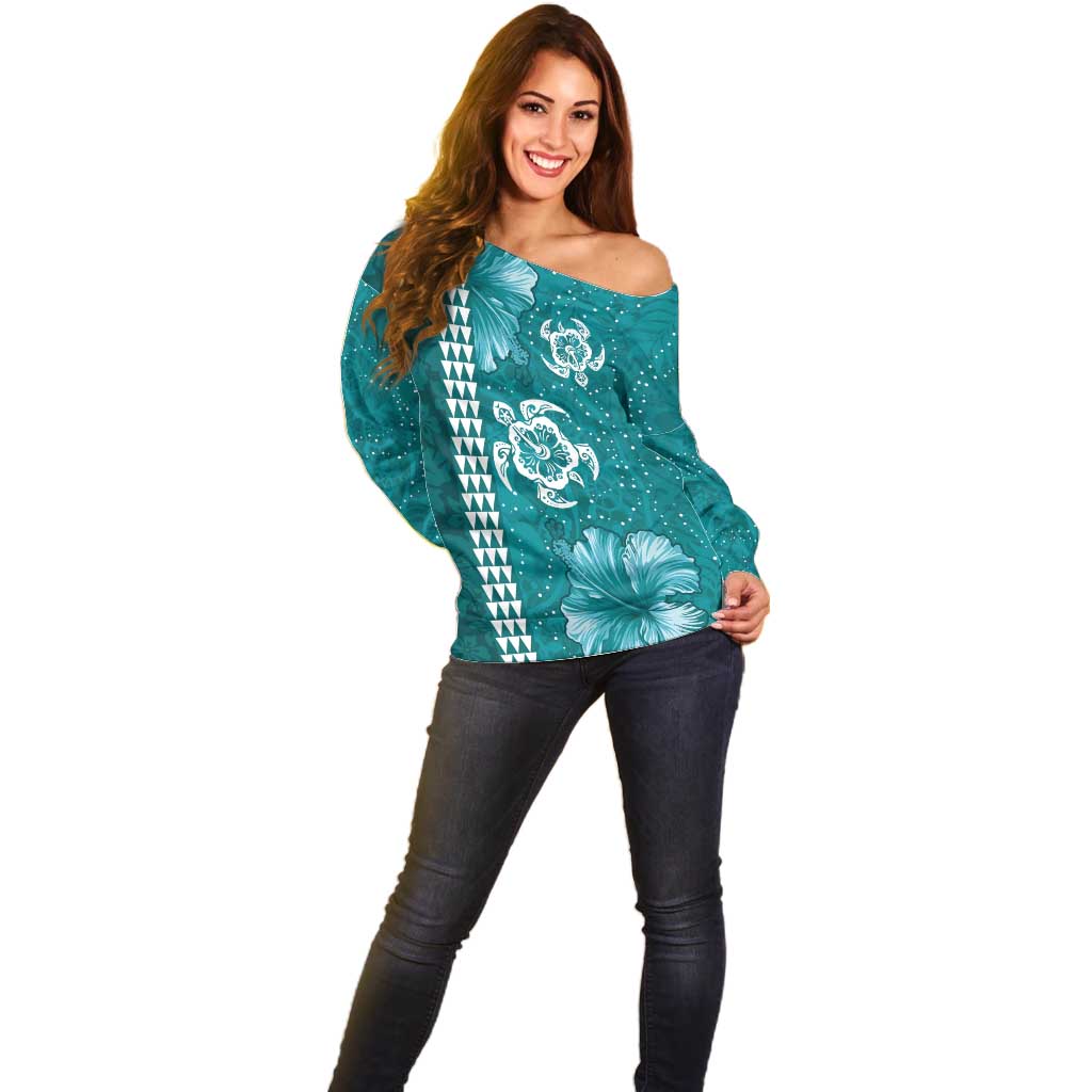 Teal Hibiscus Turle Off Shoulder Sweater Hawaiian Style Tribal Tapa Pattern