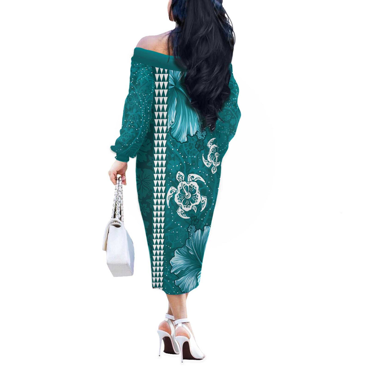 Teal Hibiscus Turle Off The Shoulder Long Sleeve Dress Hawaiian Style Tribal Tapa Pattern