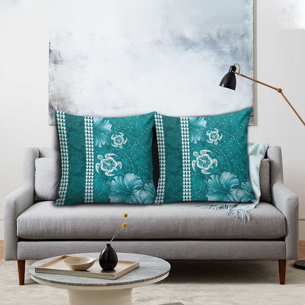 Teal Hibiscus Turle Pillow Cover Hawaiian Style Tribal Tapa Pattern - Polynesian Pride
