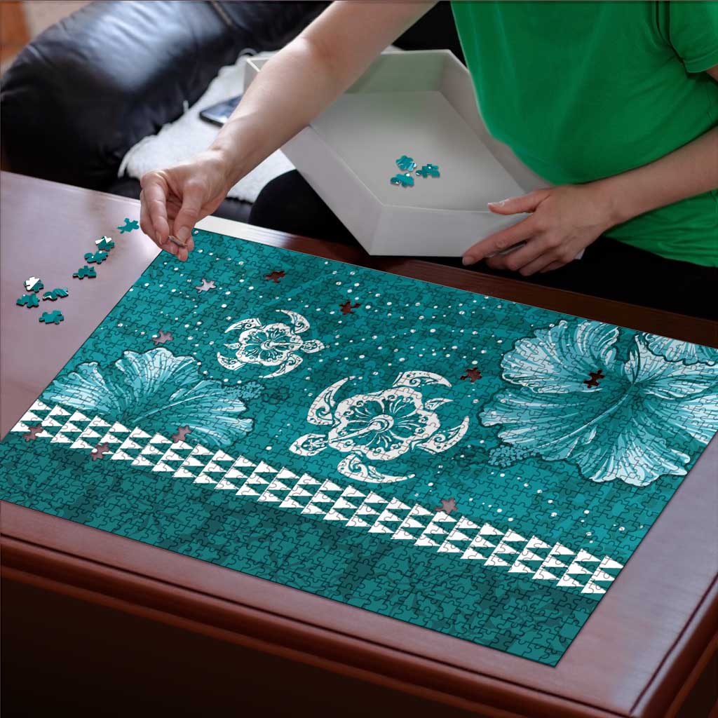 Teal Hibiscus Turle Puzzle Hawaiian Style Tribal Tapa Pattern - Polynesian Pride