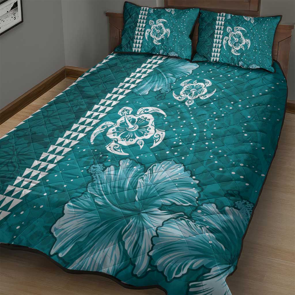 Teal Hibiscus Turle Quilt Bed Set Hawaiian Style Tribal Tapa Pattern