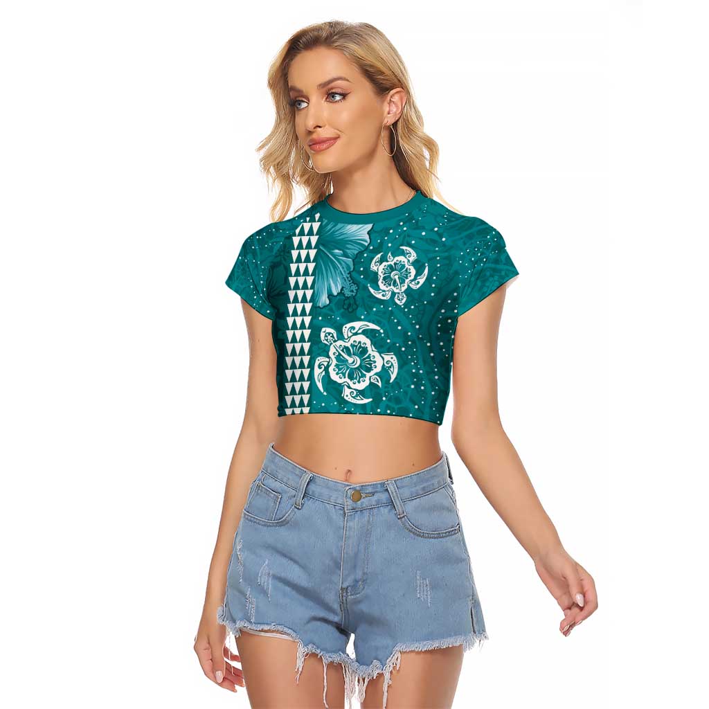 Teal Hibiscus Turle Raglan Cropped T Shirt Hawaiian Style Tribal Tapa Pattern LT9 Female Teal - Polynesian Pride
