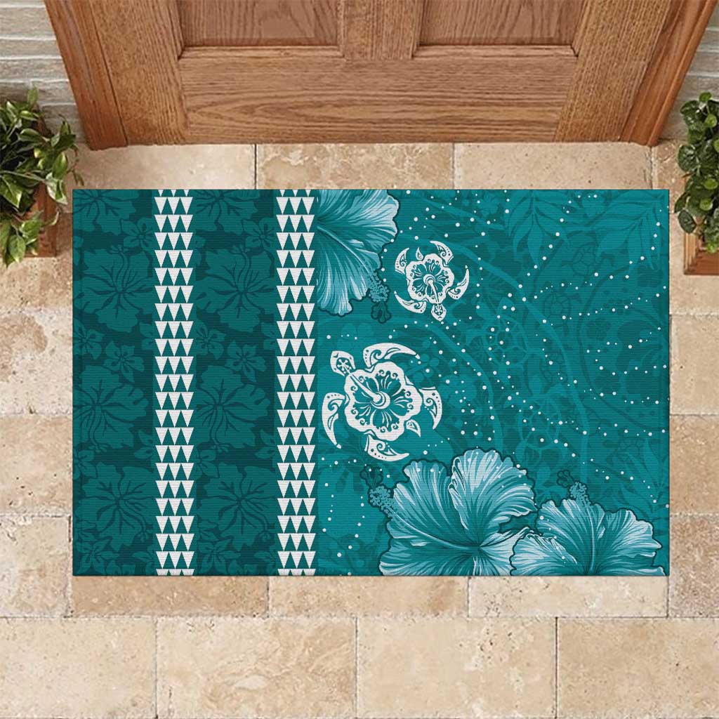 Teal Hibiscus Turle Rubber Doormat Hawaiian Style Tribal Tapa Pattern