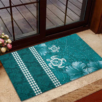Teal Hibiscus Turle Rubber Doormat Hawaiian Style Tribal Tapa Pattern