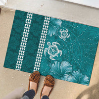 Teal Hibiscus Turle Rubber Doormat Hawaiian Style Tribal Tapa Pattern