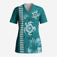 Teal Hibiscus Turle Scrub Top Hawaiian Style Tribal Tapa Pattern - Polynesian Pride