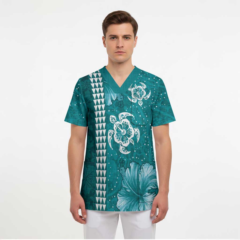 Teal Hibiscus Turle Scrub Top Hawaiian Style Tribal Tapa Pattern - Polynesian Pride