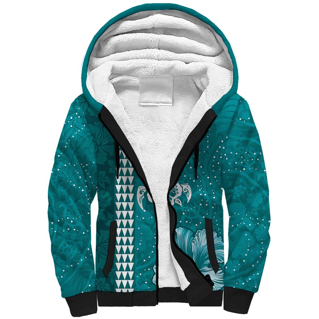 Teal Hibiscus Turle Sherpa Hoodie Hawaiian Style Tribal Tapa Pattern LT9 Unisex Teal - Polynesian Pride
