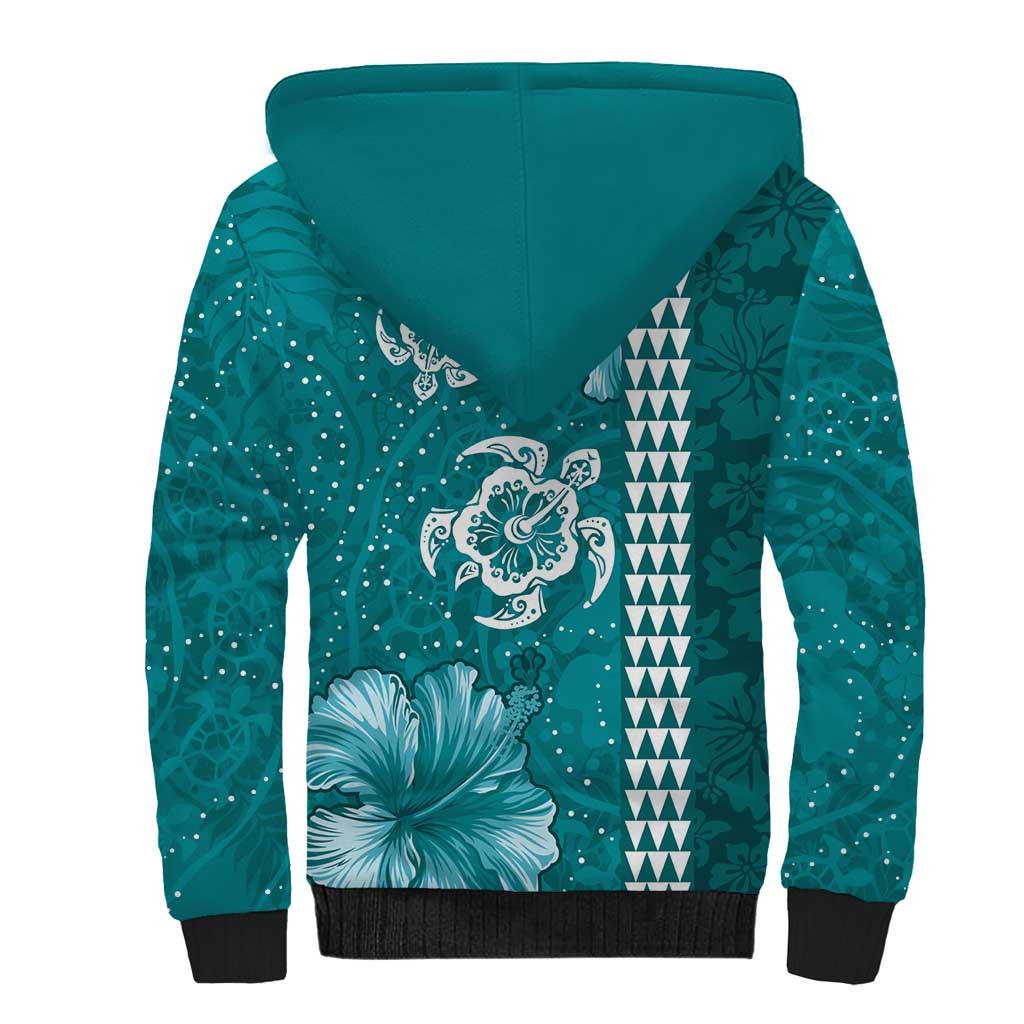 Teal Hibiscus Turle Sherpa Hoodie Hawaiian Style Tribal Tapa Pattern LT9 - Polynesian Pride