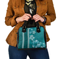 Teal Hibiscus Turle Shoulder Handbag Hawaiian Style Tribal Tapa Pattern
